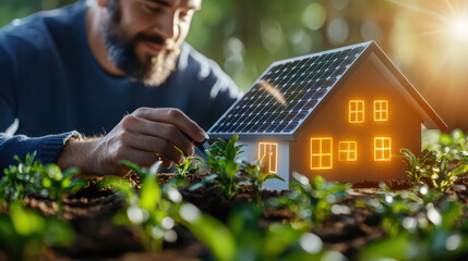 Aufkleber - Smart home model with solar panels, renewable energy, and greenery, showcasing sustainable living and eco friendly practices. man tends to plants, emphasizing harmony with nature