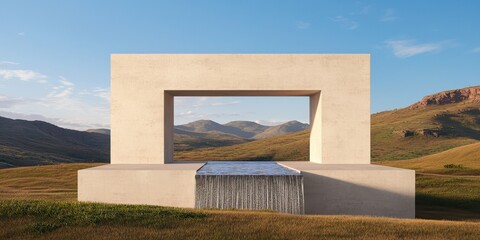 Poster - clean energy hydropower concept. A modern structure with a water feature set against a scenic landscape.