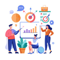 Poster - Sales professionals enthusiastically discuss their monthly results, using charts and graphs to analyze data. Team members share insights while utilizing digital tools in an office setting