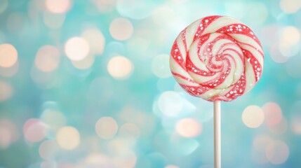 A vibrant red and white swirled lollipop on a colorful, festive background evokes a sense of nostalgia and sweetness in the air