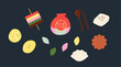 © Seiju - Lunar New Year Seollal Vector Illustration. Korean traditional food, dumplings, ricecake, snacks