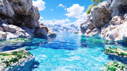 serene mountain lake inlet, clear water, rocks, summer. ideal for travel brochures