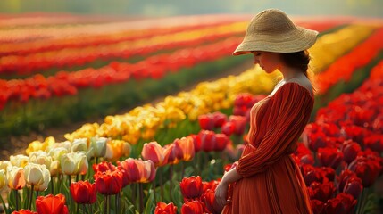 A Moment of Tranquility: A woman in a red dress and straw hat stands serenely amidst a vibrant field of tulips, bathed in the warm glow of the setting sun.