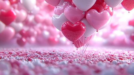 Aufkleber - Elegant 3D rendering featuring floating pink and white heart shaped balloons on a soft pink background creating a stunning and romantic design perfect for Valentine s Day wedding themes