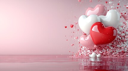Aufkleber - Elegant 3D rendered image with floating pink and white heart shaped balloons on a soft delicate pink background creating a romantic and captivating design perfect for Valentine s Day love