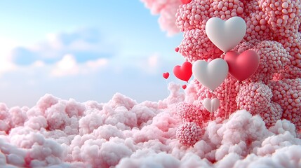 Poster - Stunning 3D rendering of pink and white heart shaped balloons floating gently against a soft pastel pink background creating a dreamy romantic atmosphere perfect for Valentine s Day