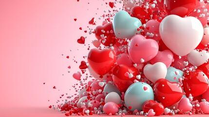 Aufkleber - Vibrant 3D rendering of heart shaped balloons in shades of pink red and white floating against a radiant pink backdrop creating an energetic and romantic atmosphere for a Valentine s Day