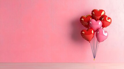 Poster - Playful 3D heart shaped balloons in shades of pink red and gold floating against a bright colorful pink background creating a lively and romantic composition for Valentine s Day gifts