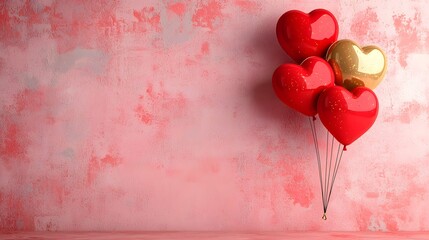 Poster - Playful 3D heart shaped balloons in a vibrant mix of red pink and gold colors floating against a bright colorful pink background  This image is perfect for creating lively