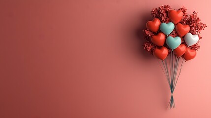 Poster - Bright and Captivating 3D Rendering of Heart Shaped Balloons in Shades of Pink Red and White Floating on a Lively and Vibrant Pink Gradient Background Perfect for Valentine s Day Greetings