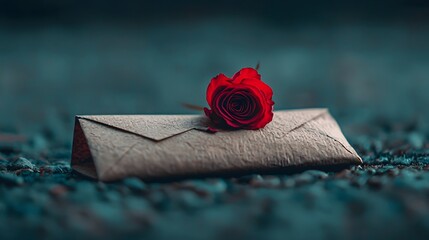 Poster - Romantic love letter with heart shaped and a beautiful red rose resting on a soft velvety background with a subtle glow creating a perfect anniversary or Valentine s Day design