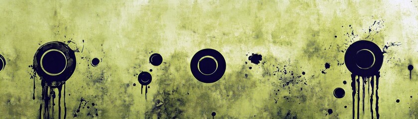 Aufkleber - Abstract art design with black circles and splatters on green textured background for modern decor or creative presentations