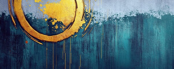 Poster - Abstract Art with Gold Circular Pattern and Textured Wall Featuring Rich Teal and Blue Tones for Modern Interior Decor