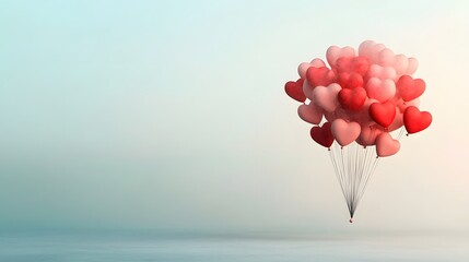 Poster - Floating heart shaped balloons in vibrant red and pink colors against a soft minimalist background with empty space  Perfect for love themed greeting cards wedding invitations marketing banners
