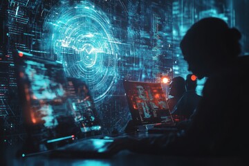 Poster - Hacker Silhouetted, Coding, Digital Data, Cityscape Background, Cybersecurity