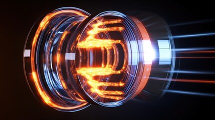 Poster - simple magnetic circuit with a core and coils, glowing to illustrate magnetic flux.