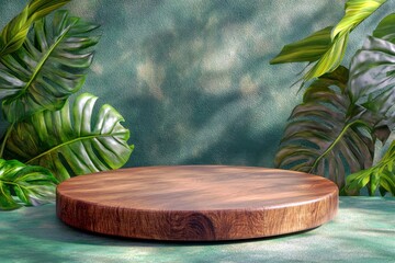 Poster - Wooden Round Display Stand Surrounded by Lush Green Tropical Leaves on Textured Background for Product Presentation and Photography