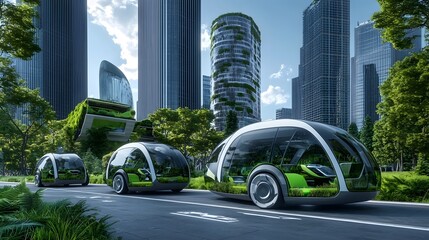 Poster - High definition image of a sustainable cityscape featuring electric vehicles smart buildings and green technologies representing an eco conscious and energy efficient urban future