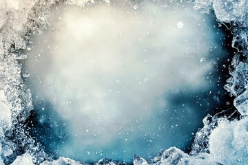 Poster - Frozen Window Pane with Frosty Edges and Soft Blue Background, Ideal for Winter Themed Designs and Holiday Celebrations, Capturing Cold Atmosphere