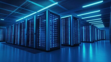 Poster - Data center servers glowing blue, network operations, technology