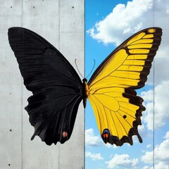 Poster - Beautiful butterfly split design showcasing vivid yellow and dark black wings against a bright sky with soft clouds and concrete background