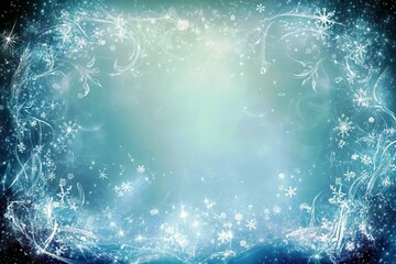 Poster - Magical winter background with frost decorations, shimmering snowflakes, and ethereal swirls in soft blue tones for holiday themes and seasonal designs