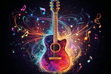 Poster - Colorful Acoustic Guitar Surrounded by Vibrant Music Notes and Swirling Patterns in a Dark Background for Creative Music Concept