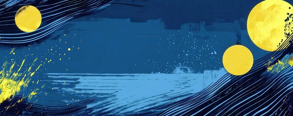 Poster - Abstract design with blue background, yellow circles, and dynamic brush strokes creating a vibrant and artistic atmosphere in a modern style