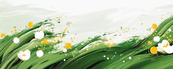Poster - Abstract Green Wave Design with White and Yellow Flowers on Soft Painted Background for Art and Nature Themes