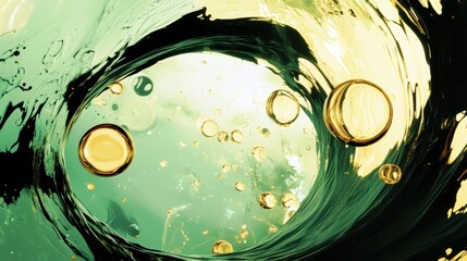 Poster - Bubbles Floating in a Colorful Liquid Swirl with Unique Light Reflections and Textures in a Vibrant Aquatic Scene