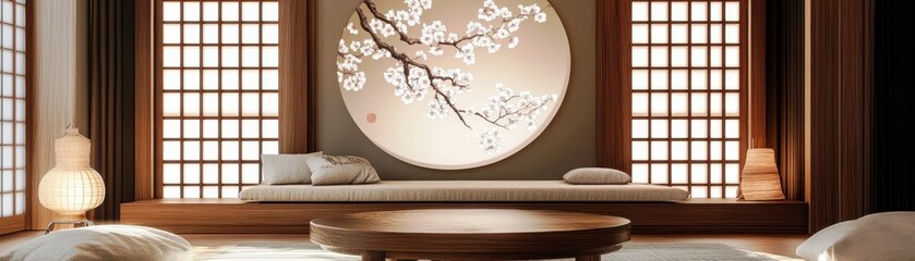 Poster - Serene Modern Interior with Cherry Blossom Artwork and Natural Wood Elements in a Tranquil Japanese-Inspired Room Design