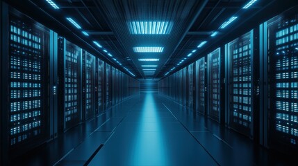 Poster - Data Center Servers Corridor, Blue Lit, Network, Technology
