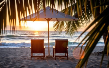 Wall Mural - A tranquil beach scene at sunrise with two wooden lounge chairs positioned under a white umbrella.