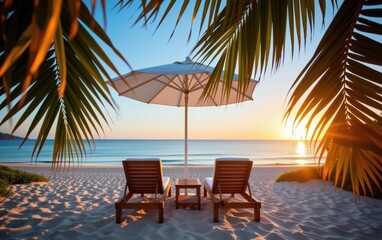 Wall Mural - A tranquil beach scene at sunrise with two wooden lounge chairs positioned under a white umbrella.