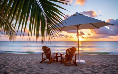 Wall Mural - A tranquil beach scene at sunrise with two wooden lounge chairs positioned under a white umbrella.