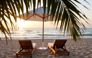 Wall Mural - A tranquil beach scene at sunrise with two wooden lounge chairs positioned under a white umbrella.