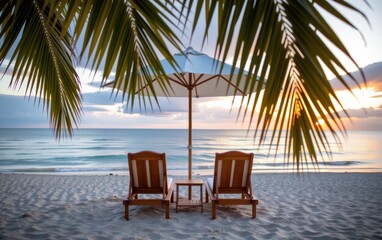 Wall Mural - A tranquil beach scene at sunrise with two wooden lounge chairs positioned under a white umbrella.