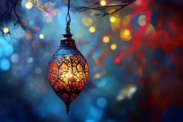 Poster - Intricate Lantern Hanging from Branch with Colorful Bokeh Background Illuminating a Magical and Enchanting Scene of Light and Color