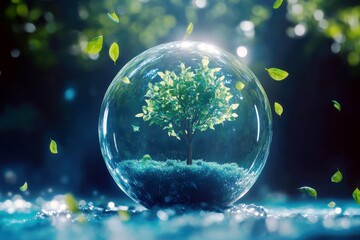 Poster - Lush Green Tree Inside a Glass Sphere Surrounded by Dewy Leaves and Soft Light in a Vibrant Natural Setting