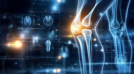Poster - Futuristic holographic visualization of the knee joint blending modern medical imaging technology and intelligence to provide a detailed high tech analysis of the human skeletal structure and anatomy