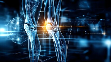 Poster - Futuristic AI driven knee anatomy scan with detailed neural network analysis symbolizing innovation in medical imaging and healthcare technology  3D digital x ray data visualization of bone ligament
