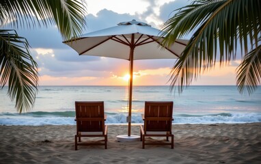 Wall Mural - A tranquil beach scene at sunrise with two wooden lounge chairs positioned under a white umbrella.