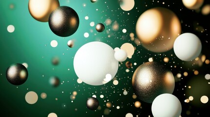 Poster - Abstract composition of floating spheres in shades of gold, white, and black against a vibrant green background with blurred bokeh lights creating a festive atmosphere
