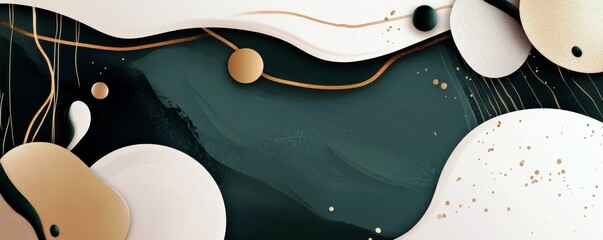 Poster - Abstract composition featuring flowing shapes in green, white, and gold tones, creating a modern artistic background for creative projects and branding needs