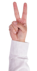 Wall Mural - business man hand in white shirt gestures showing two finger isolated in white background in tow cou