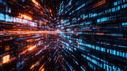 Poster - Digital data stream flowing, futuristic tunnel, binary code, background glow, tech concept