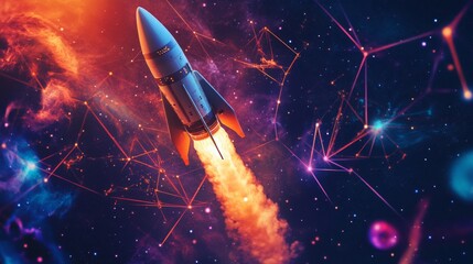Aufkleber - A rocket ascends into the vibrant cosmos, leaving a trail of flames and smoke. The colorful clouds and stars create a stunning backdrop, capturing the excitement of space exploration and innovation.