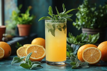 Citrus sage drink with oranges on table by window