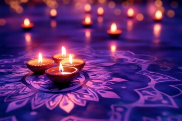 Poster - Peaceful Evening Display of Lit Candles on Ornate Surface with Bokeh Lights Creating a Blissful Ambiance for Meditation and Relaxation