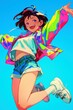 © BonzEarthsnapper - Joyful girl in vibrant retro outfit jumping against a bright blue background, capturing the essence of energy and youth in colorful fashion statement